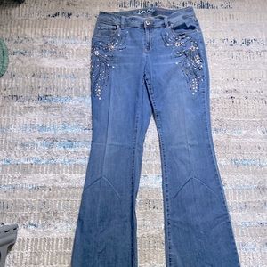 INC denim boot cut curvy jeans with crystals and beading on front.  EUC. size 8.